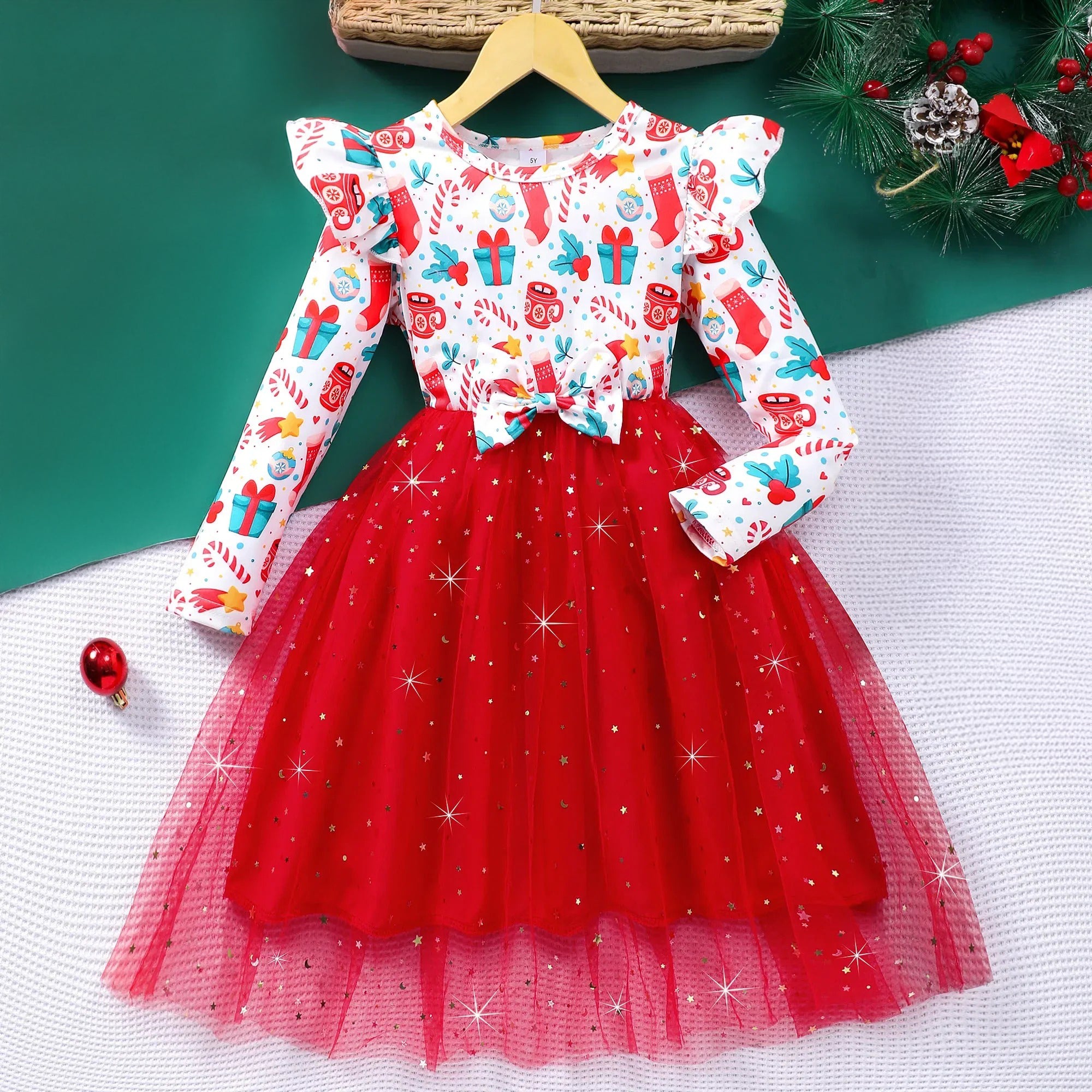 girls red a-line long sleeve christmas bow dress with layered tulle skirt, cute holiday party dress for toddlers and kids