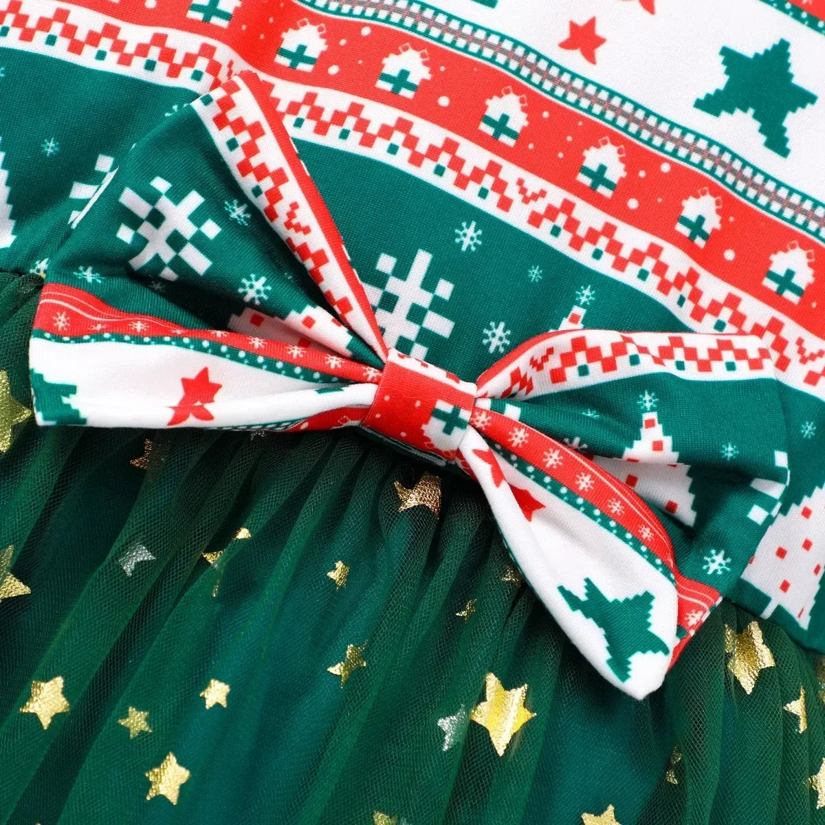 bow detail on girls green christmas a-line dress, cute holiday party outfit accent