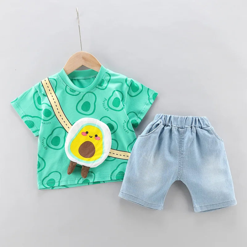 Toddler Boys & Girls Summer Outfit – Printed Tee with Cartoon Bag & Denim Shorts
