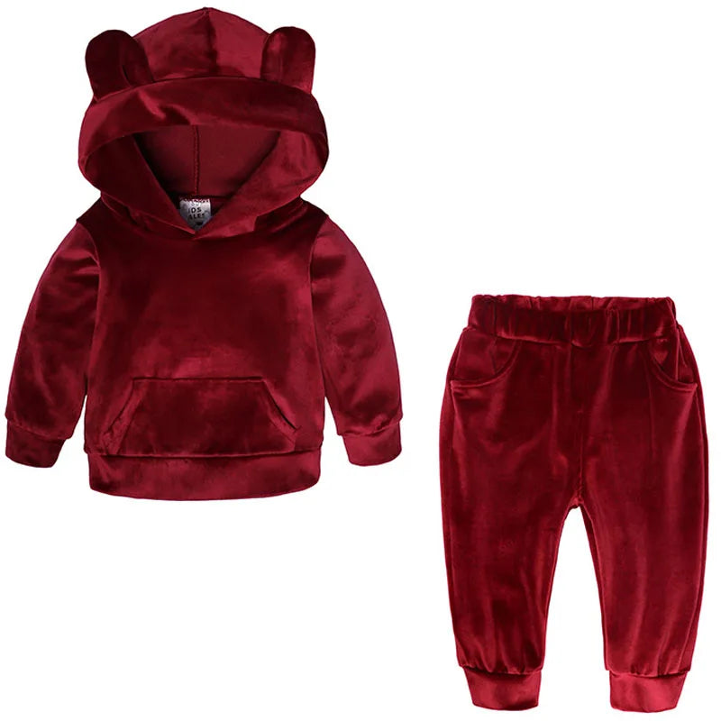 Kids Cute Velvet Hooded Tracksuit Set