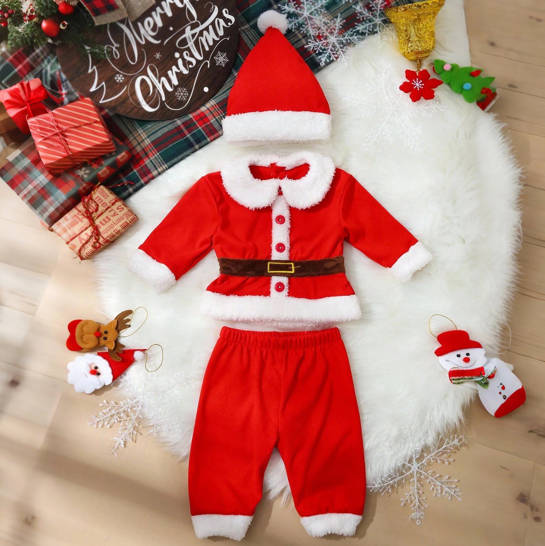 overview of santa claus set on festive chrismas flatlay