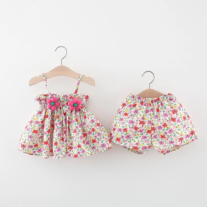 2Pcs Summer Girls Set – Floral Suspender Top & Shorts with Cool Chiffon (Korean Style)