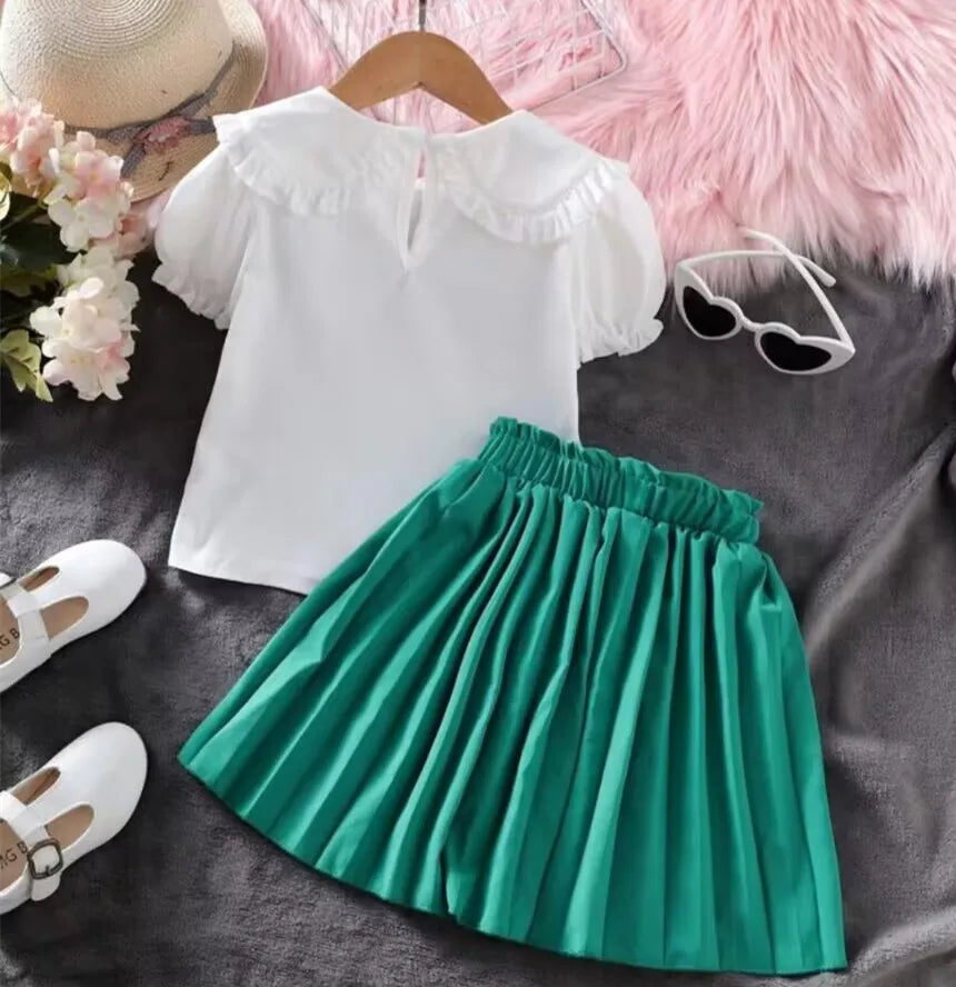 Flower Embroidered Doll Collar Top & Pleated Skirt, Kids Boutique Clothing Set