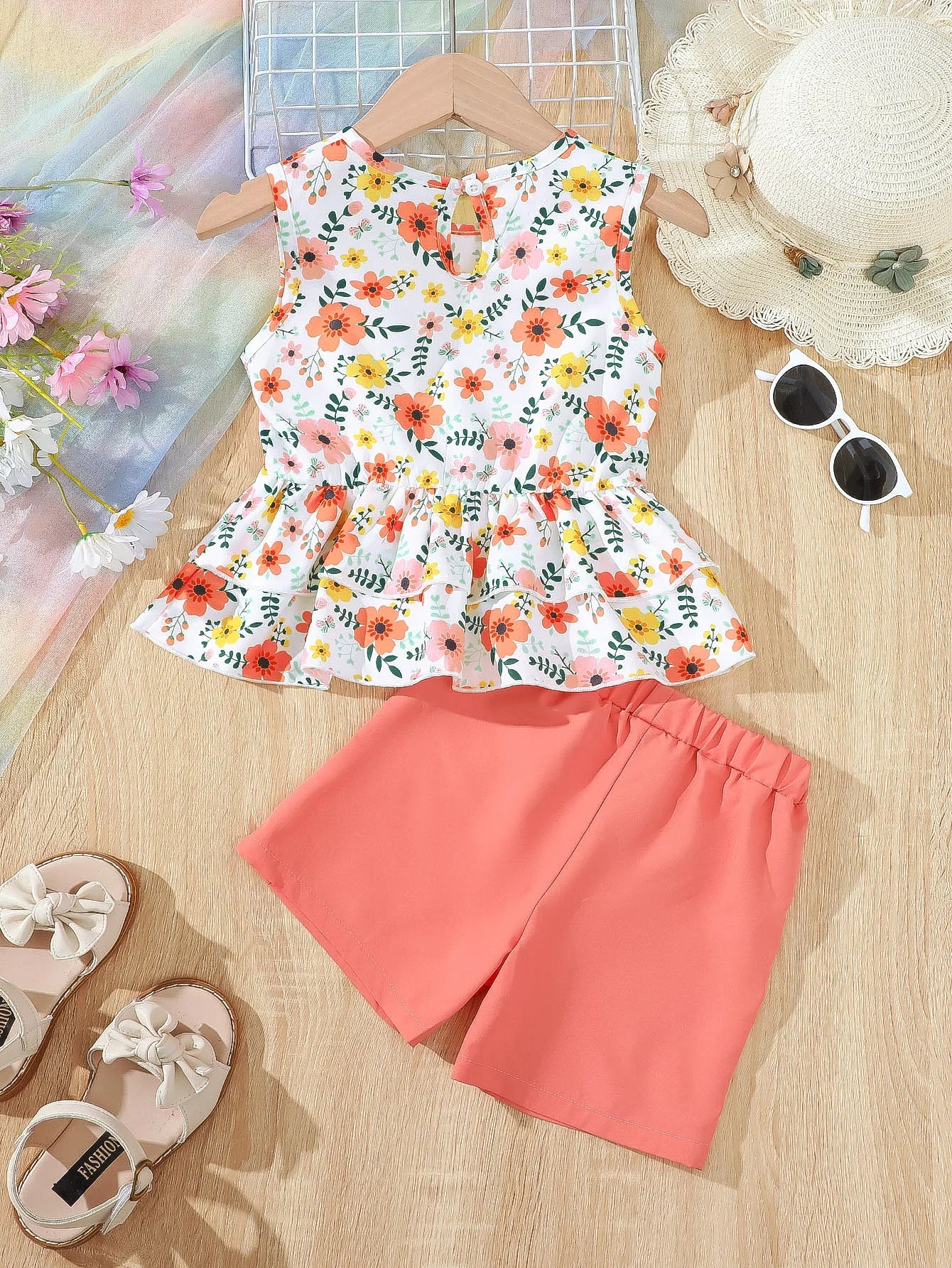 Girls' Summer Outfit – Floral Bow Sleeveless Top & Shorts Set