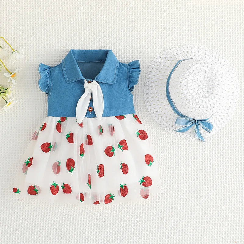 Strawberry Mesh Denim Skirt Set (Girls)