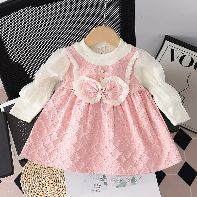 Baby Girl Princess Dress – Cute Bow Design Fake Two-Piece Outfit for Spring & Autumn