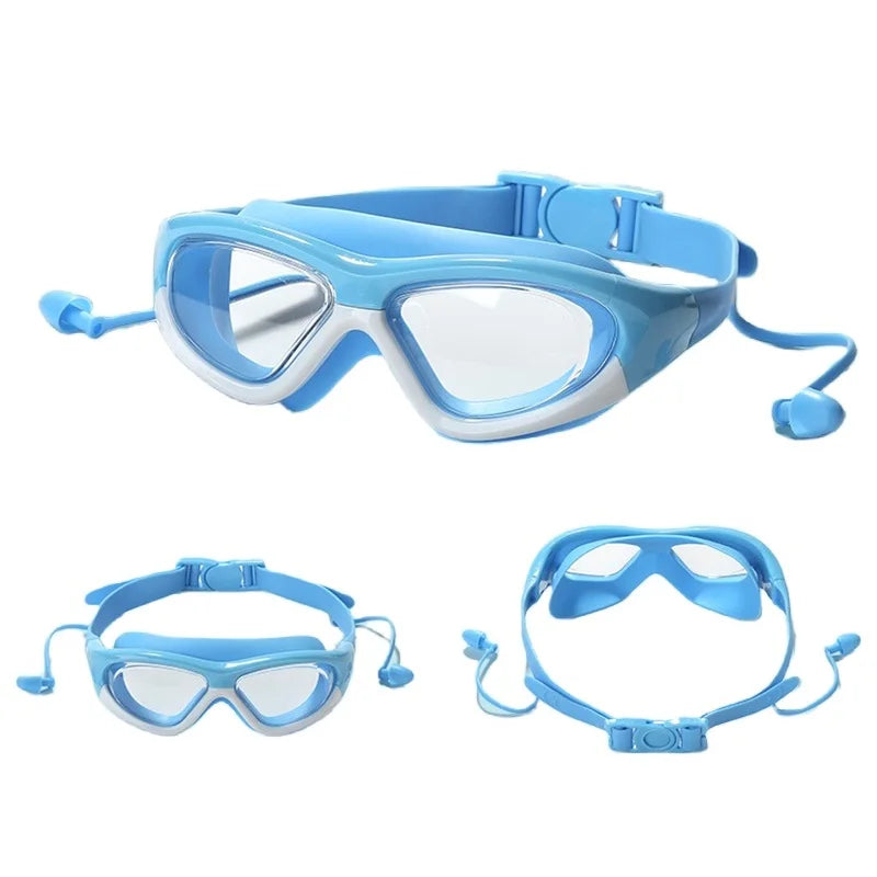 Waterproof Anti Fog Large Frame Water Glasses Connected Silicone Earplugs Goggles for Kids