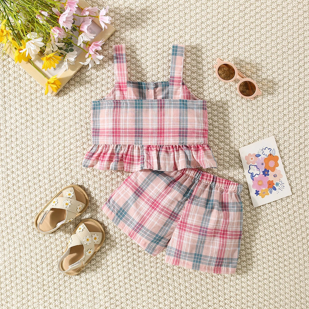 Summer Baby Girl Set – Cotton Colored Plaid Suspender Top & Shorts with Lace Flying Sleeves (Beach Two-Piece)