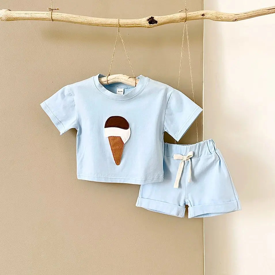 Baby Summer Outfit – 2-Piece Newborn Set, Ice Cream Print T-Shirt & Sports Shorts for Boys & Girls