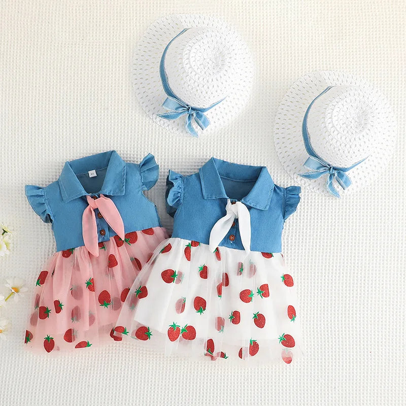 Strawberry Mesh Denim Skirt Set (Girls)