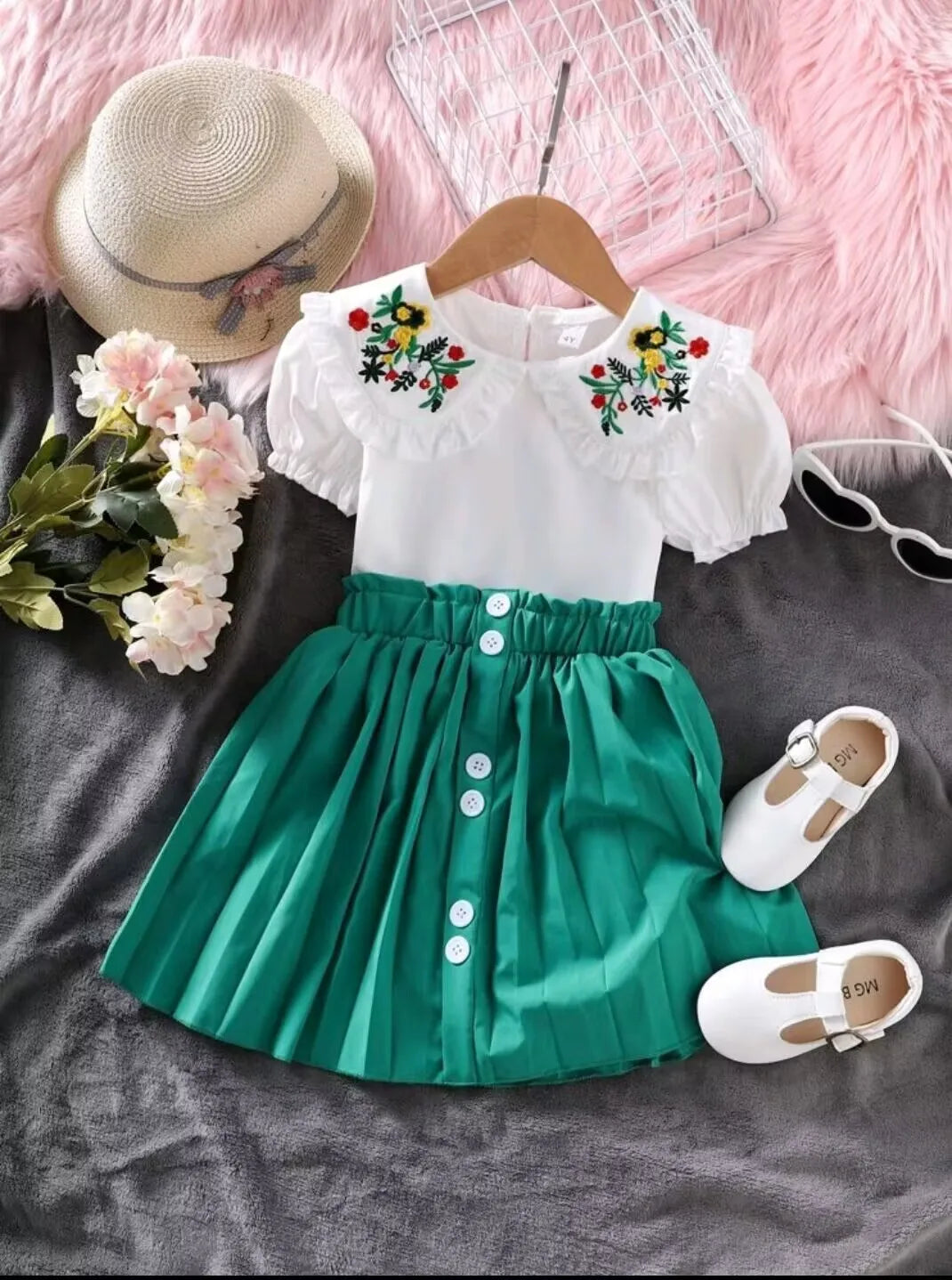 Flower Embroidered Doll Collar Top & Pleated Skirt, Kids Boutique Clothing Set
