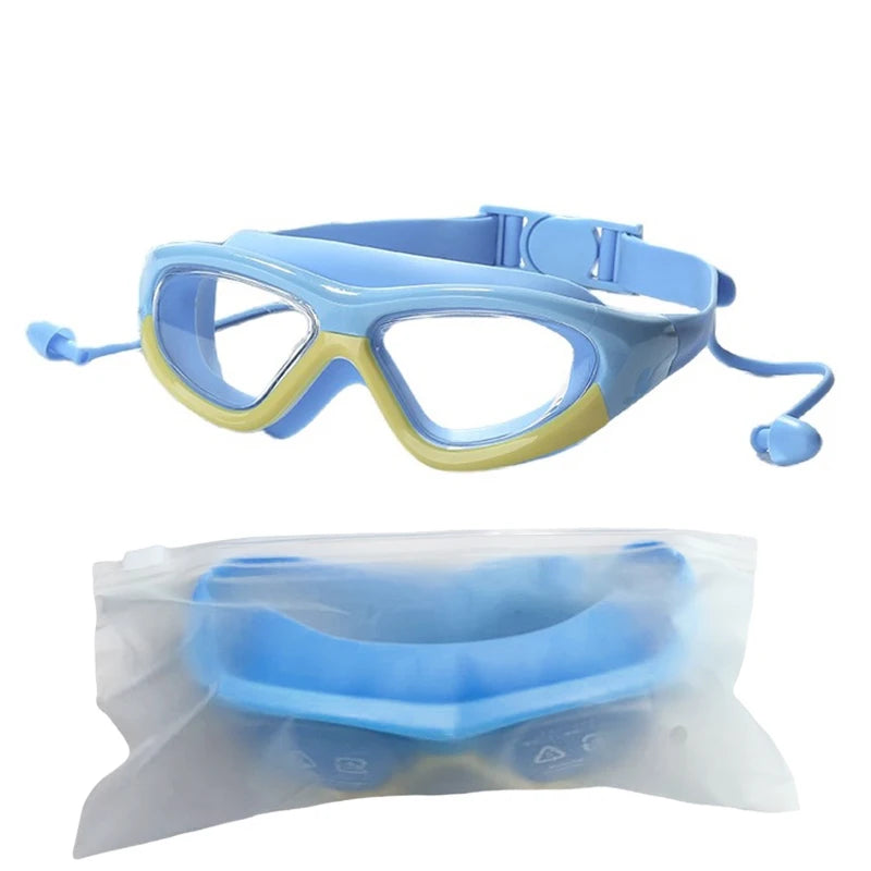 Waterproof Anti Fog Large Frame Water Glasses Connected Silicone Earplugs Goggles for Kids