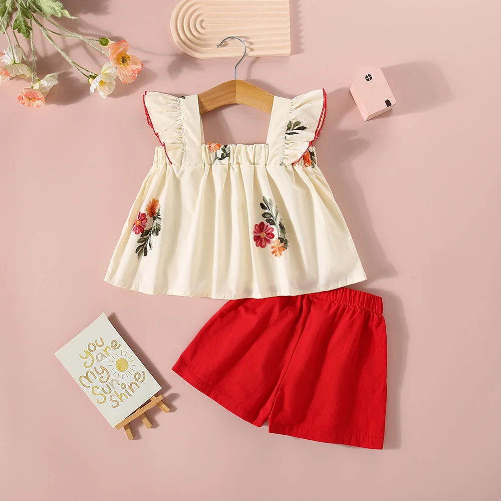 Toddler Girl Summer Set – Cotton Floral Flying Sleeve Top & Shorts