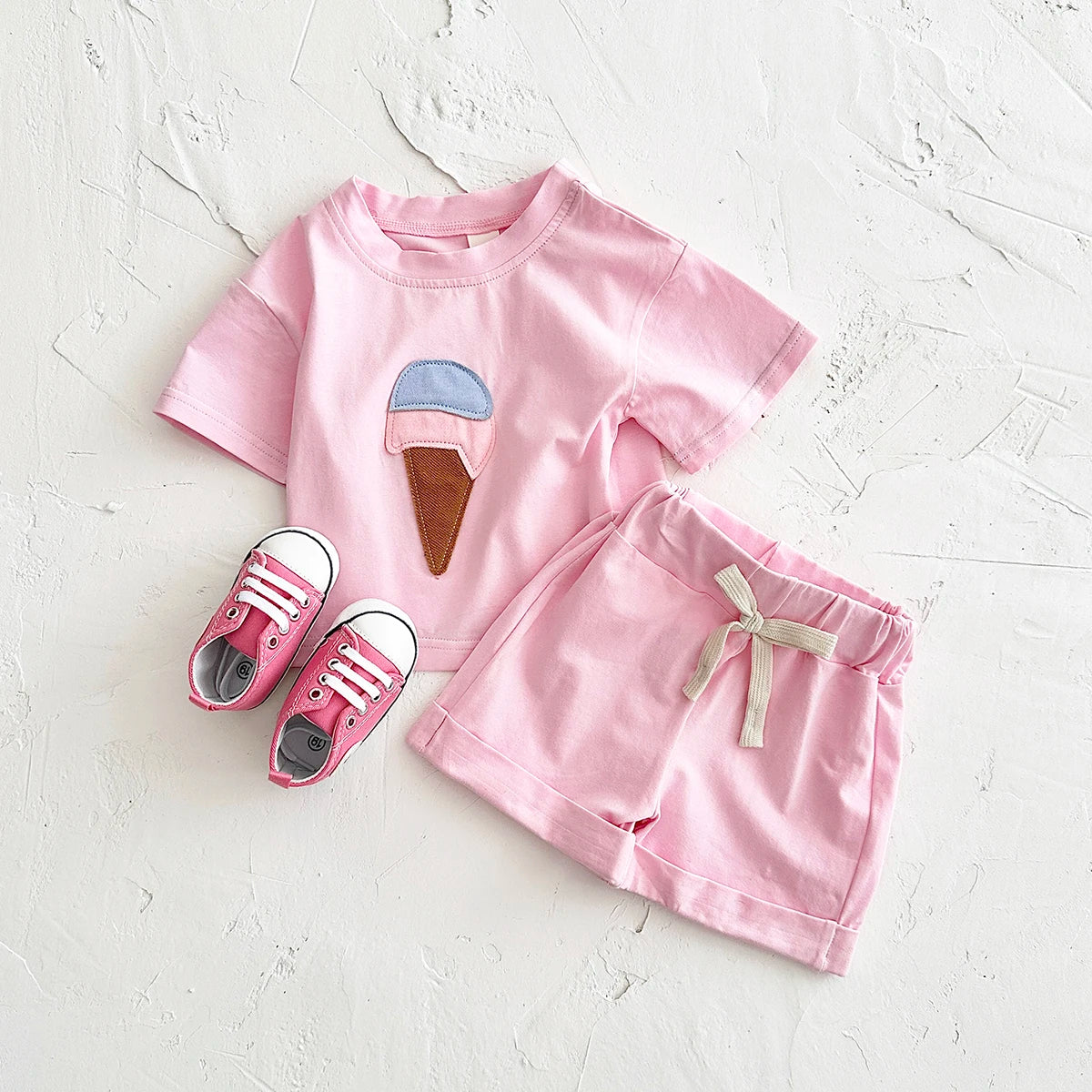 Baby Summer Outfit – 2-Piece Newborn Set, Ice Cream Print T-Shirt & Sports Shorts for Boys & Girls