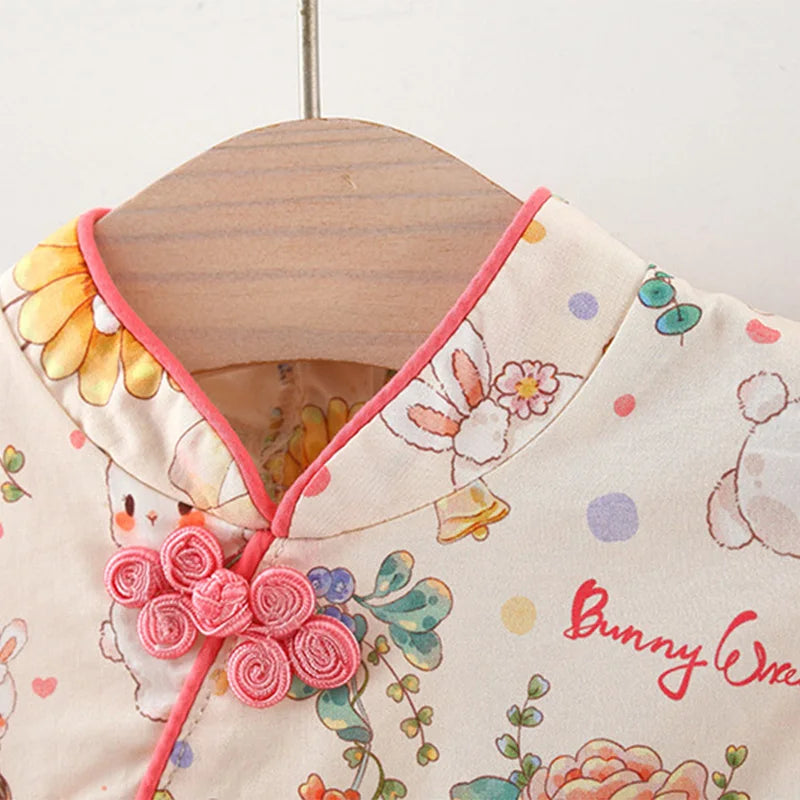 Summer Sunflower Bunny Flying Sleeve Chinese Style Dress (Girls, 0-3 Years Old)