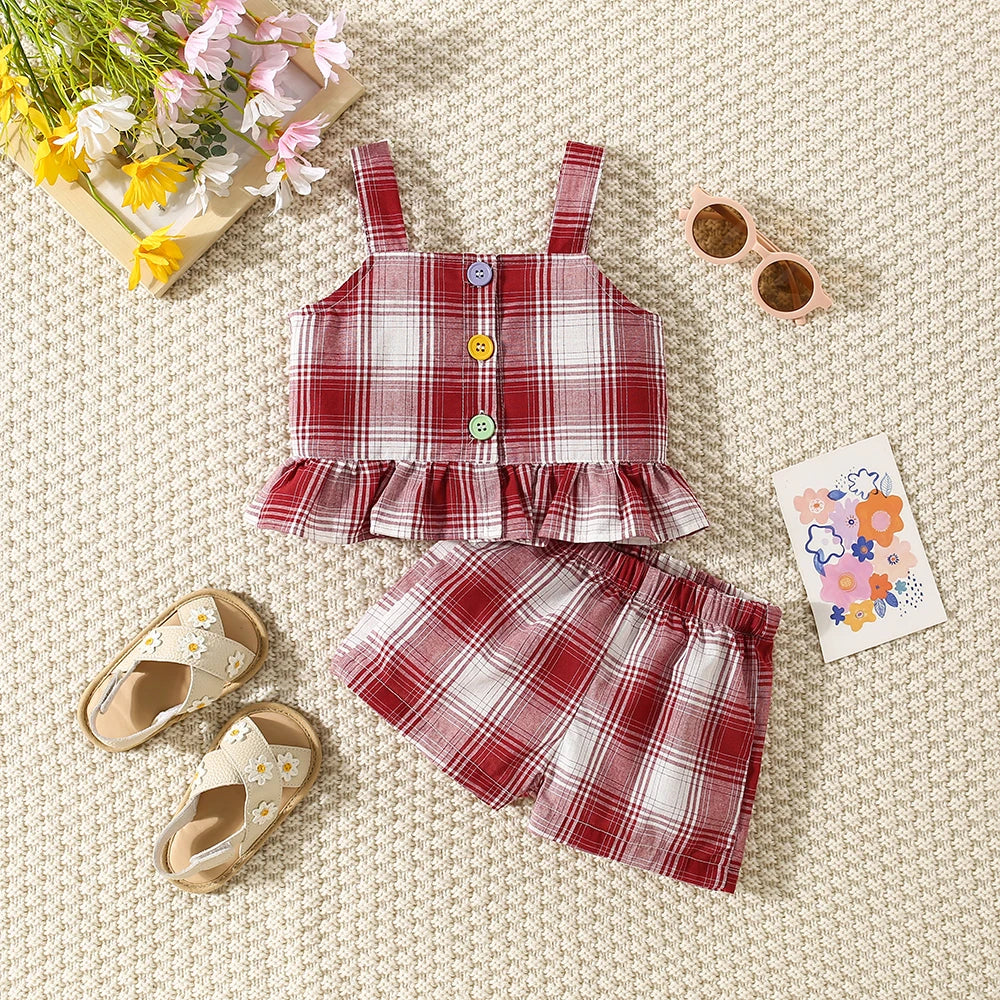 Summer Baby Girl Set – Cotton Colored Plaid Suspender Top & Shorts with Lace Flying Sleeves (Beach Two-Piece)
