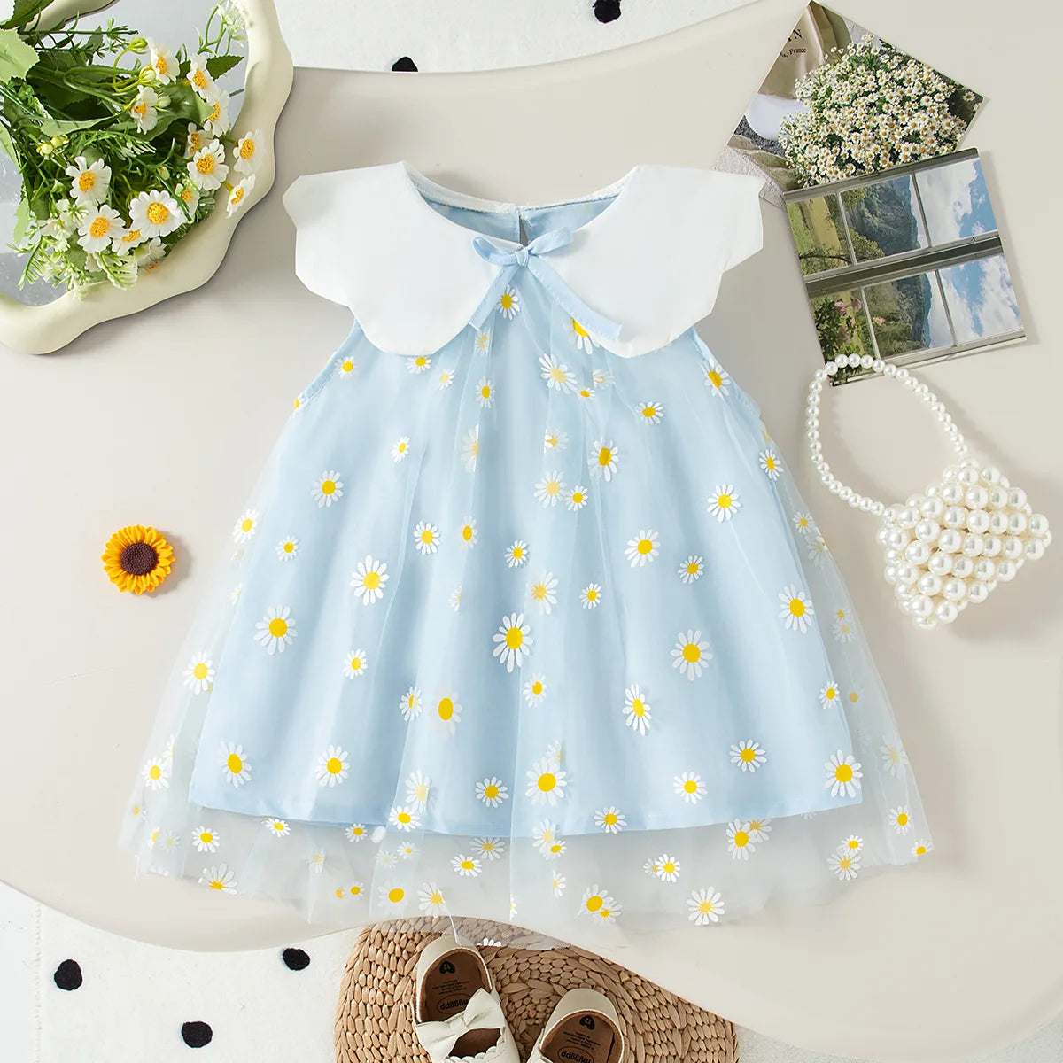 Baby Girl Summer Dress – Floral Print & Lace Bow