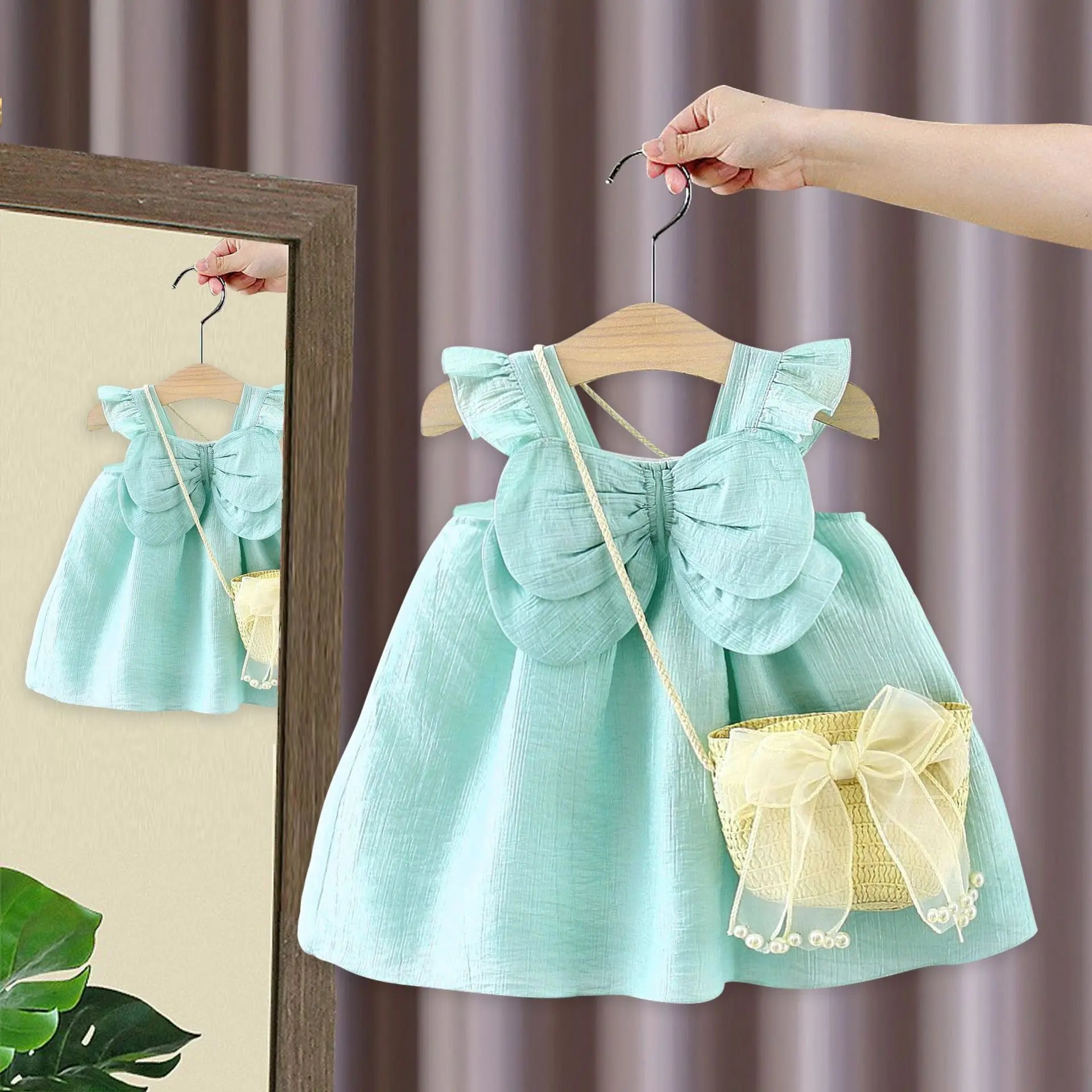 Summer Baby Girl Dress – Cute Cotton Princess Outfit with Flying Sleeves & Bag