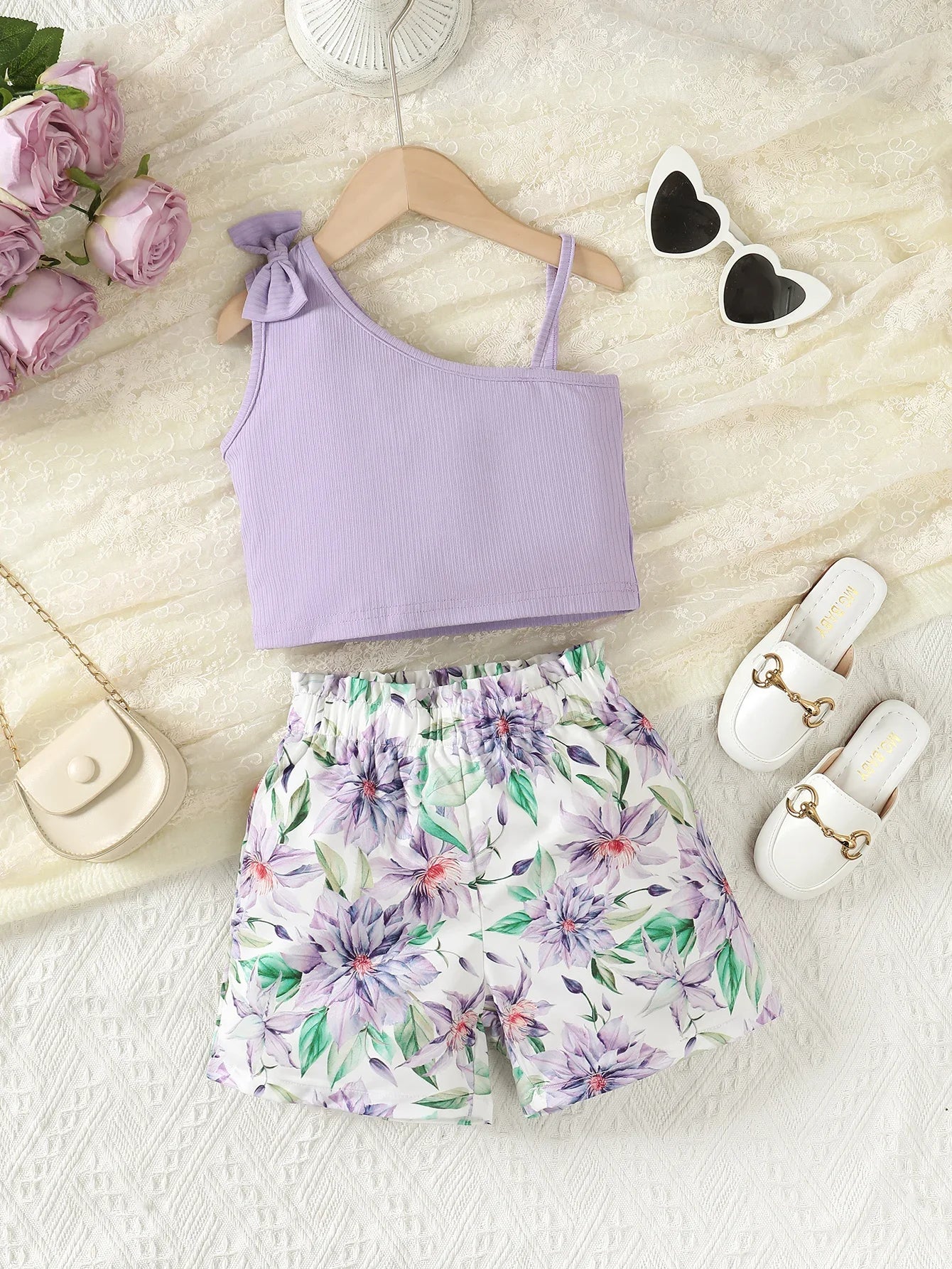 2-Piece Suspenders Top with Bow & Floral Shorts (For Girls 1-8 Years)