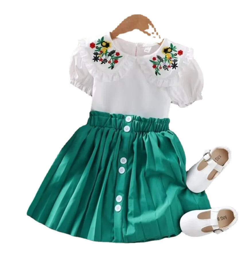 Flower Embroidered Doll Collar Top & Pleated Skirt, Kids Boutique Clothing Set