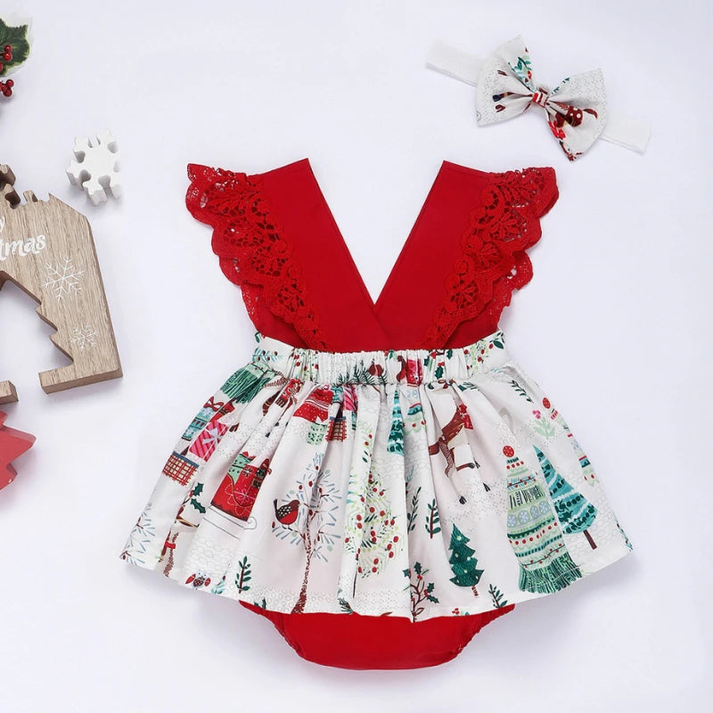 2-Piece Newborn Lace Dress & Princess Skirt with Red Flower Design (0-24M)