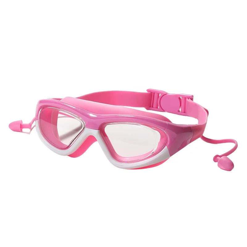 Waterproof Anti Fog Large Frame Water Glasses Connected Silicone Earplugs Goggles for Kids