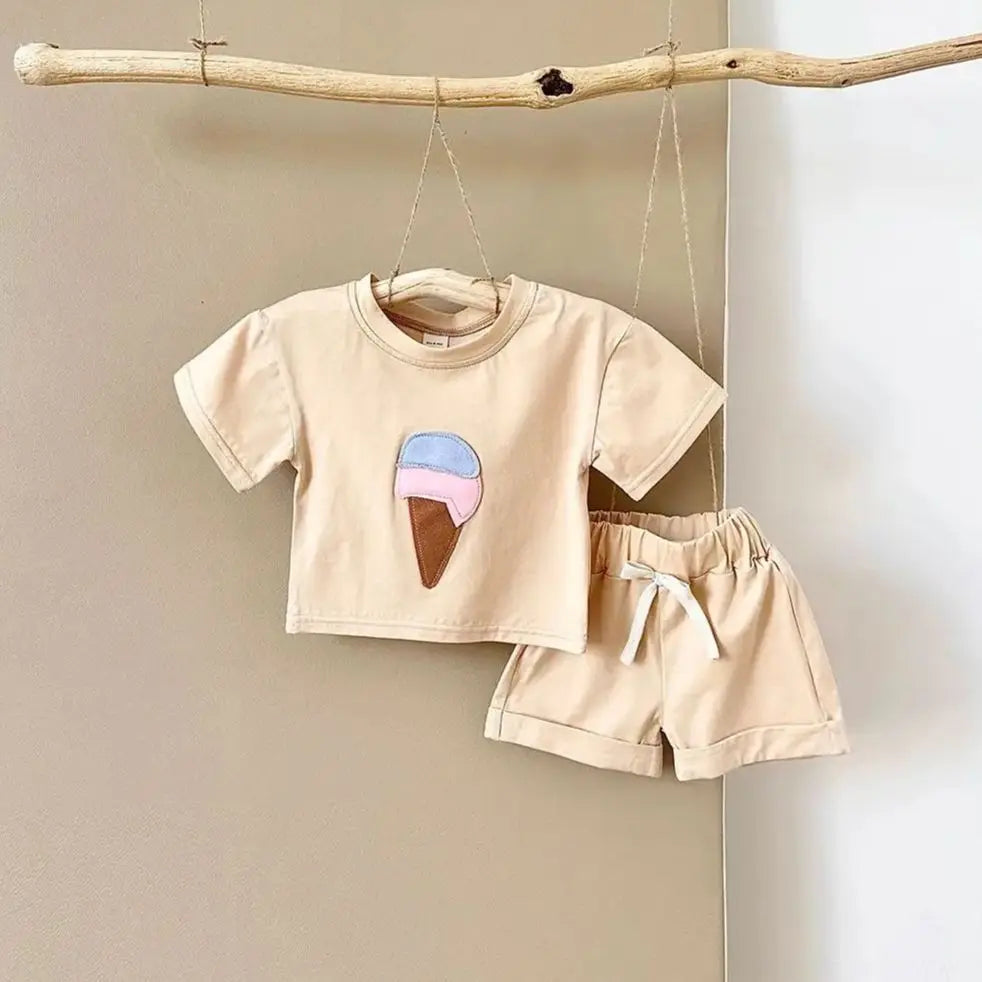Baby Summer Outfit – 2-Piece Newborn Set, Ice Cream Print T-Shirt & Sports Shorts for Boys & Girls