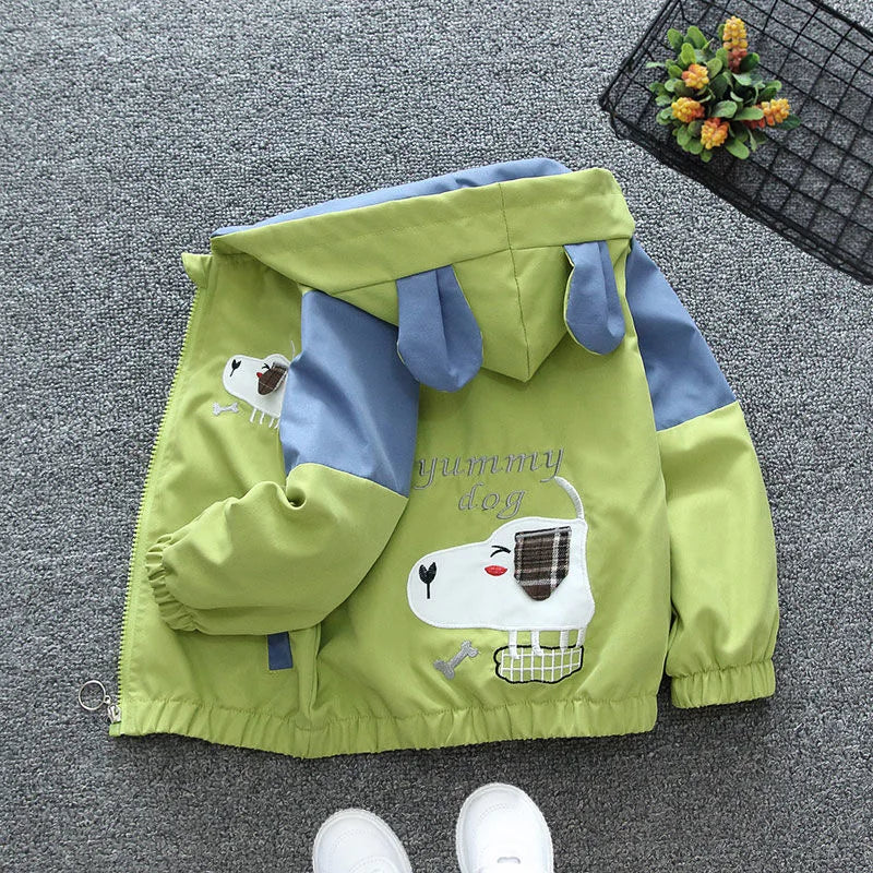 Girls Green Puppy Hooded Jacket