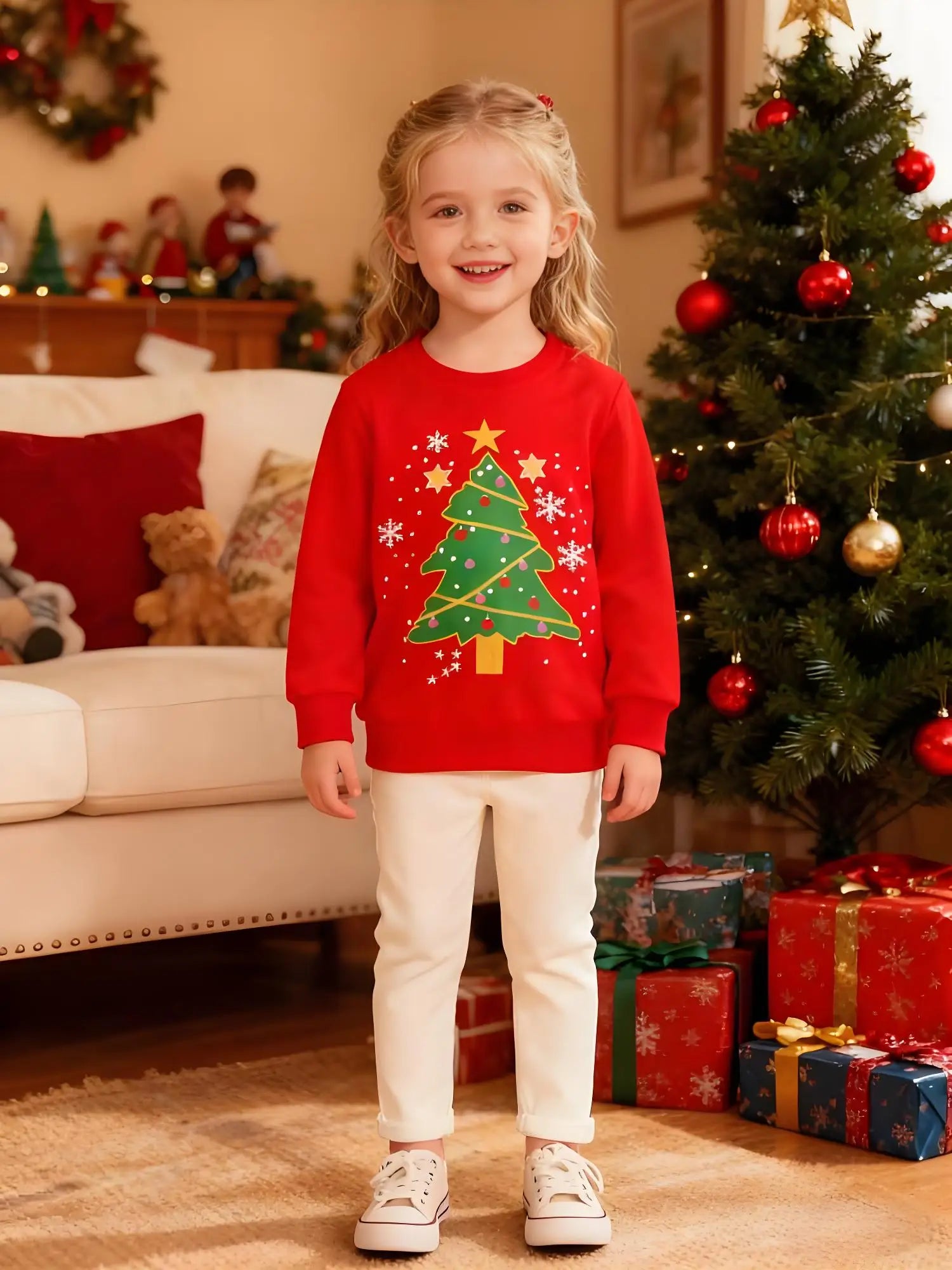 Cotton Girls Christmas Tree Red Sweatshirt