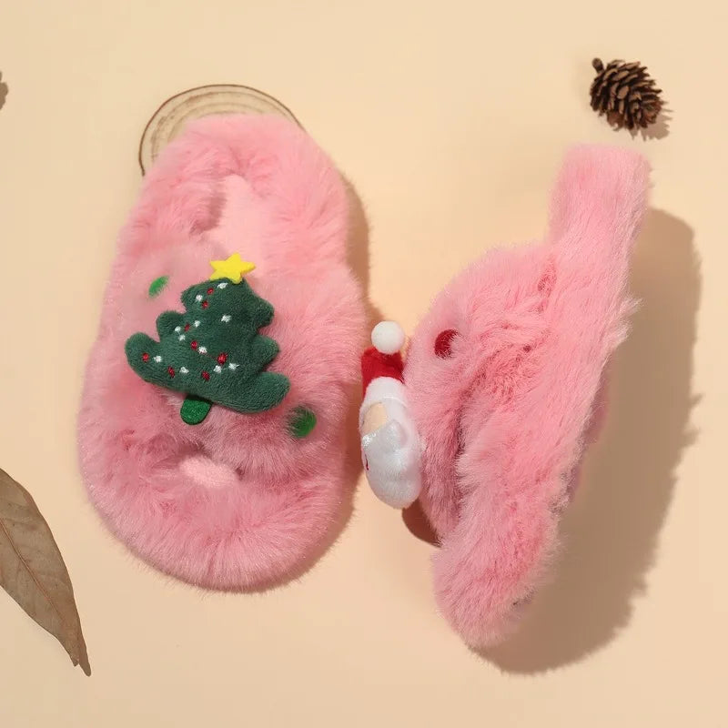 Girls Pink Christmas Plush Warm Slippers