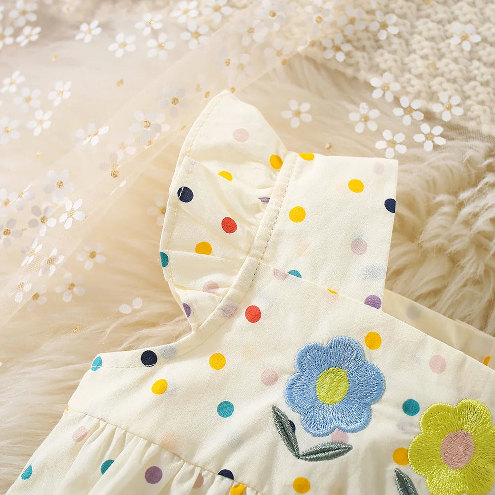 Polka Dots with 3 Flower Embroidery & Flying Sleeves (Cotton, Sweetheart Style)