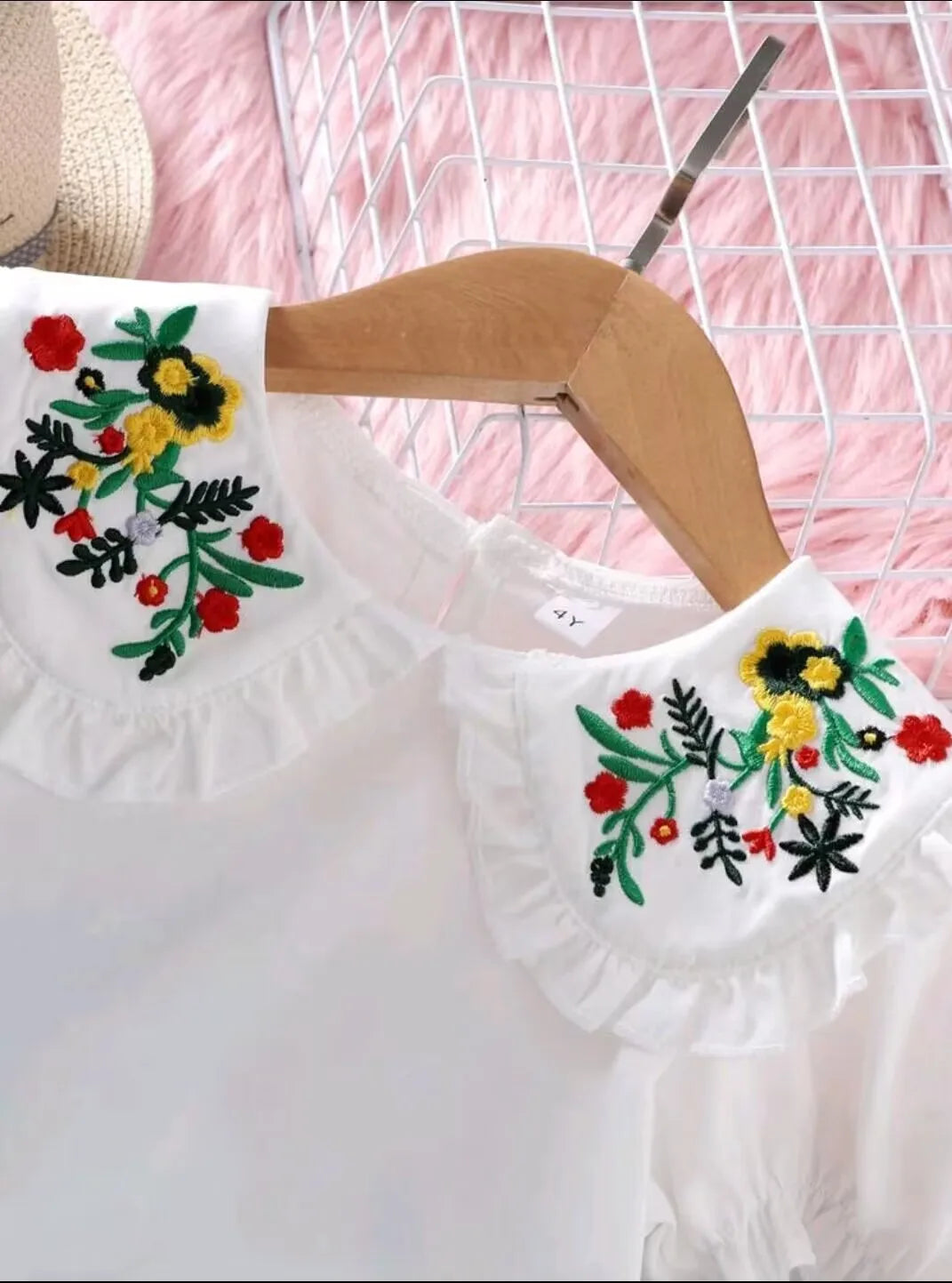 Flower Embroidered Doll Collar Top & Pleated Skirt, Kids Boutique Clothing Set