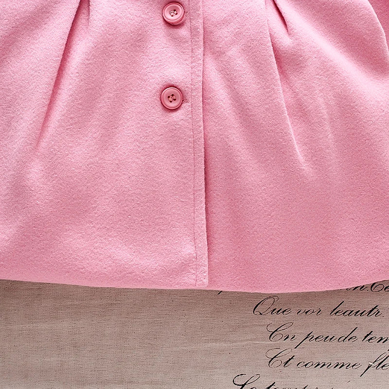 Baby Girl Woolen Coat – Pink Warm Flip Collar Long-Sleeve Button Coat