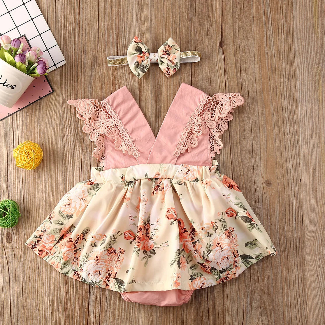 2-Piece Newborn Lace Dress & Princess Skirt with Red Flower Design (0-24M)