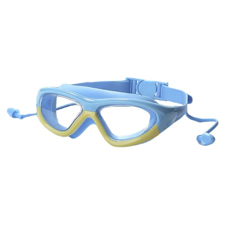 Waterproof Anti Fog Large Frame Water Glasses Connected Silicone Earplugs Goggles for Kids