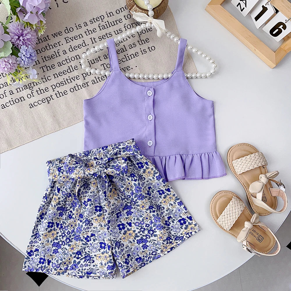 Bear Leader Girls' Summer Set – Solid Suspender T-Shirt Top & Floral Shorts, 2-Piece Kids Clothing Outfit