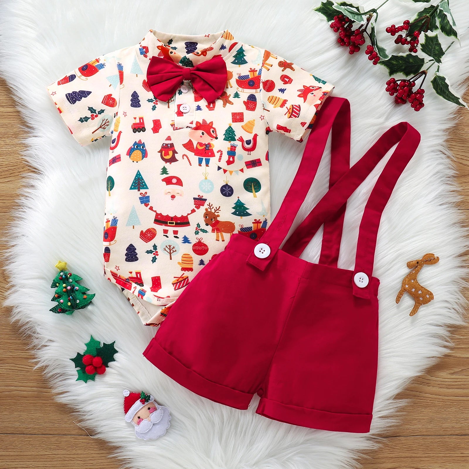 Baby Bow Suit + Brace Shorts Christmas Romper Set