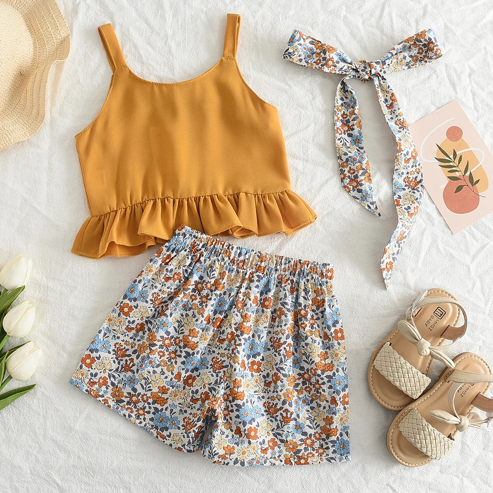Bear Leader Girls' Summer Set – Solid Suspender T-Shirt Top & Floral Shorts, 2-Piece Kids Clothing Outfit