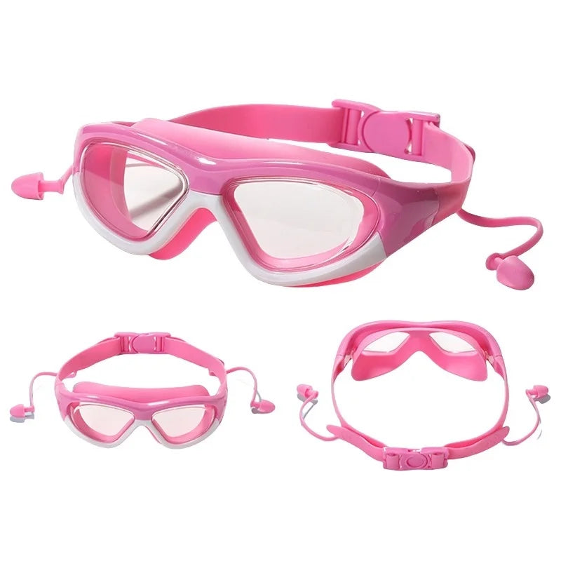 Waterproof Anti Fog Large Frame Water Glasses Connected Silicone Earplugs Goggles for Kids