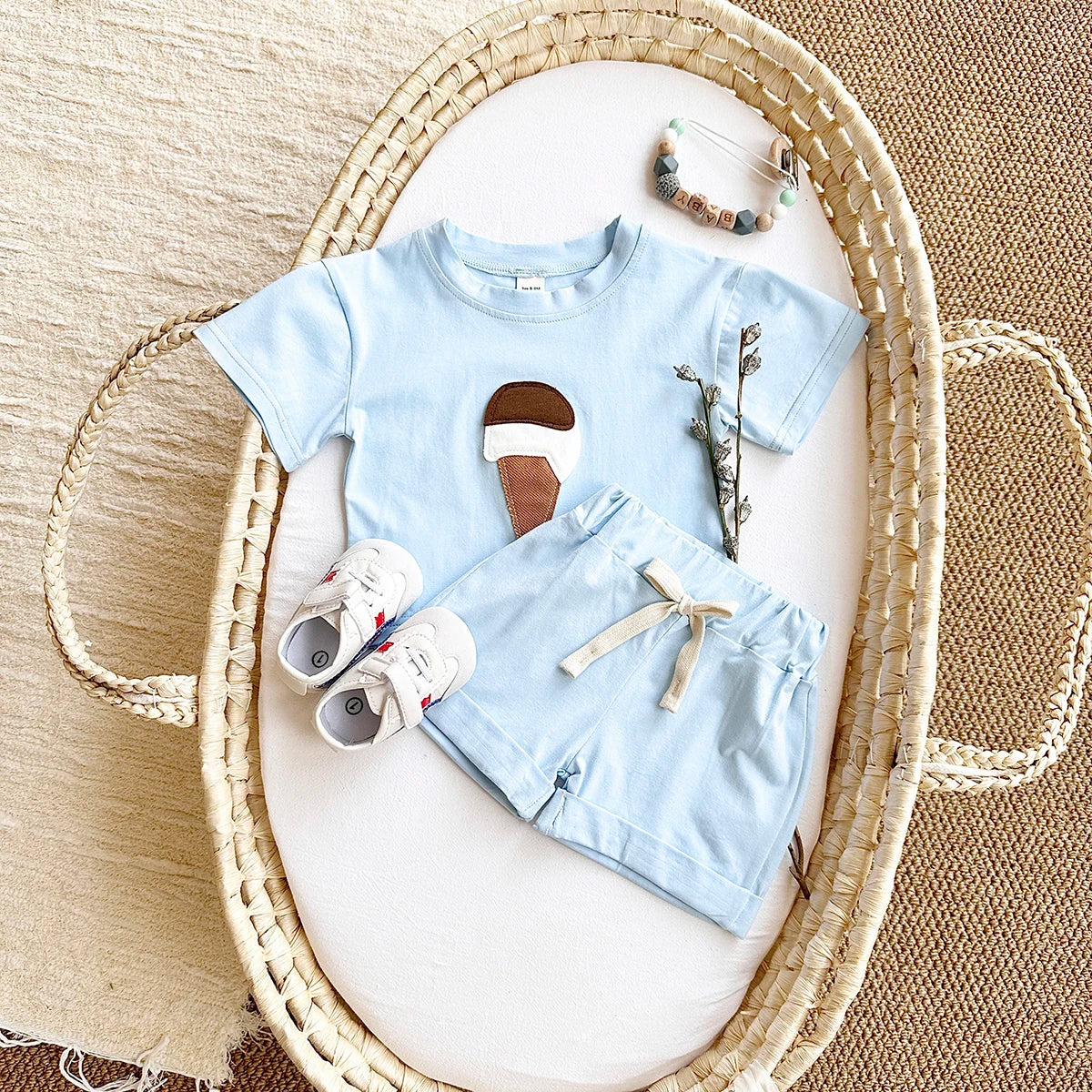 Baby Summer Outfit – 2-Piece Newborn Set, Ice Cream Print T-Shirt & Sports Shorts for Boys & Girls