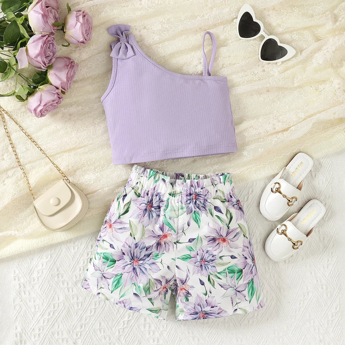 2-Piece Suspenders Top with Bow & Floral Shorts (For Girls 1-8 Years)