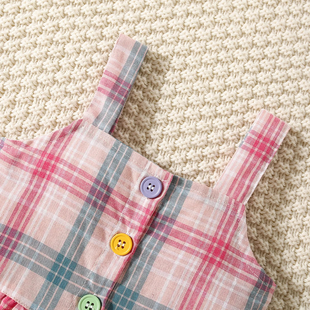 Summer Baby Girl Set – Cotton Colored Plaid Suspender Top & Shorts with Lace Flying Sleeves (Beach Two-Piece)