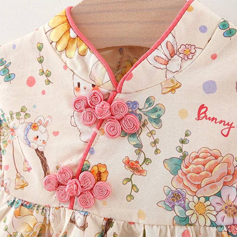 Summer Sunflower Bunny Flying Sleeve Chinese Style Dress (Girls, 0-3 Years Old)