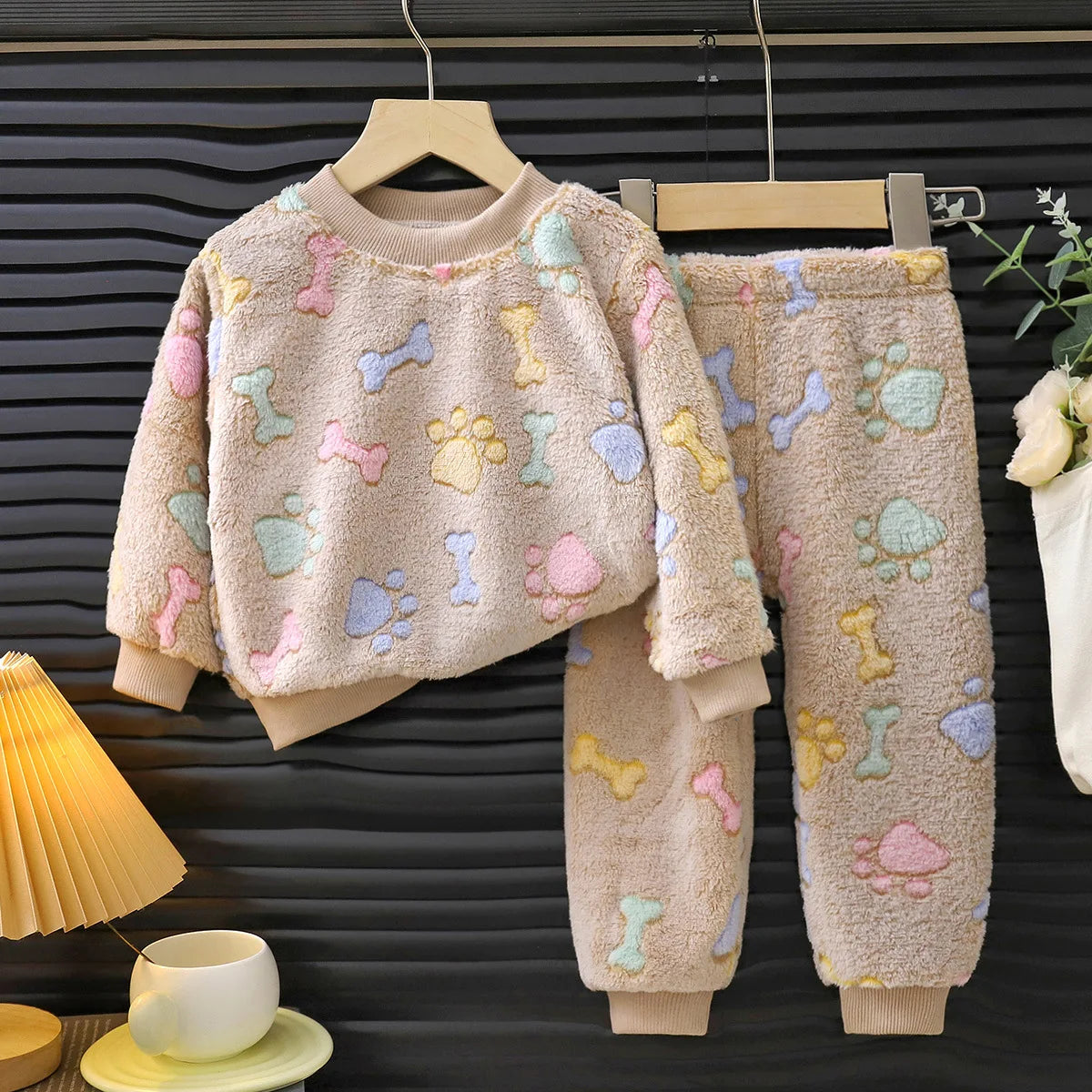 Beige Kids Flannel Winter Pajama Set