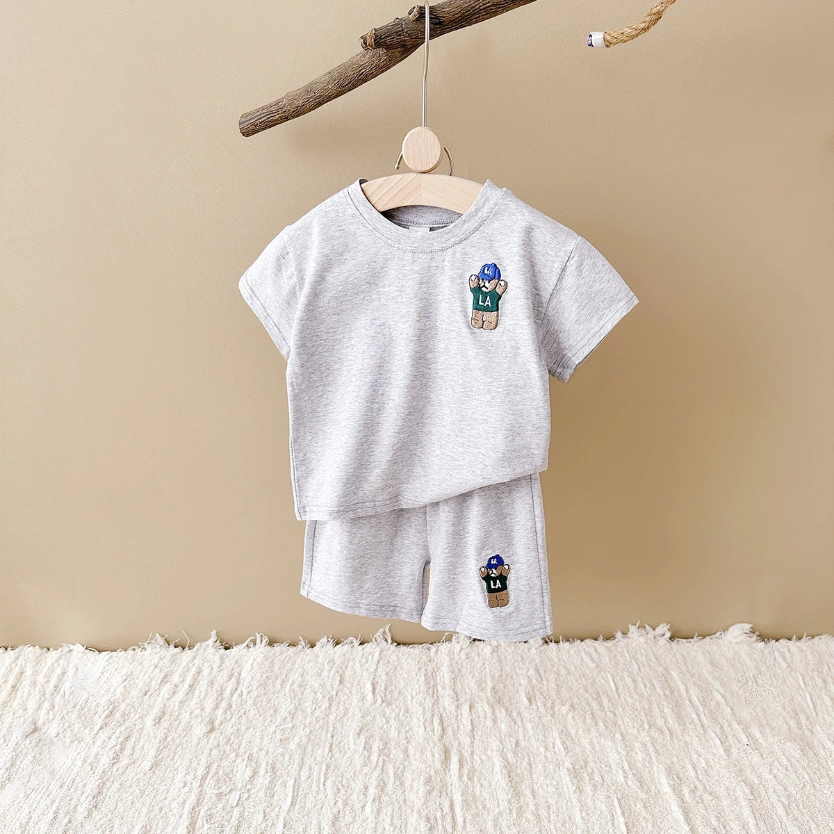 2-Piece Top & Bottom Set for Boys & Girls, Casual Sports Suit with Bear Embroidery