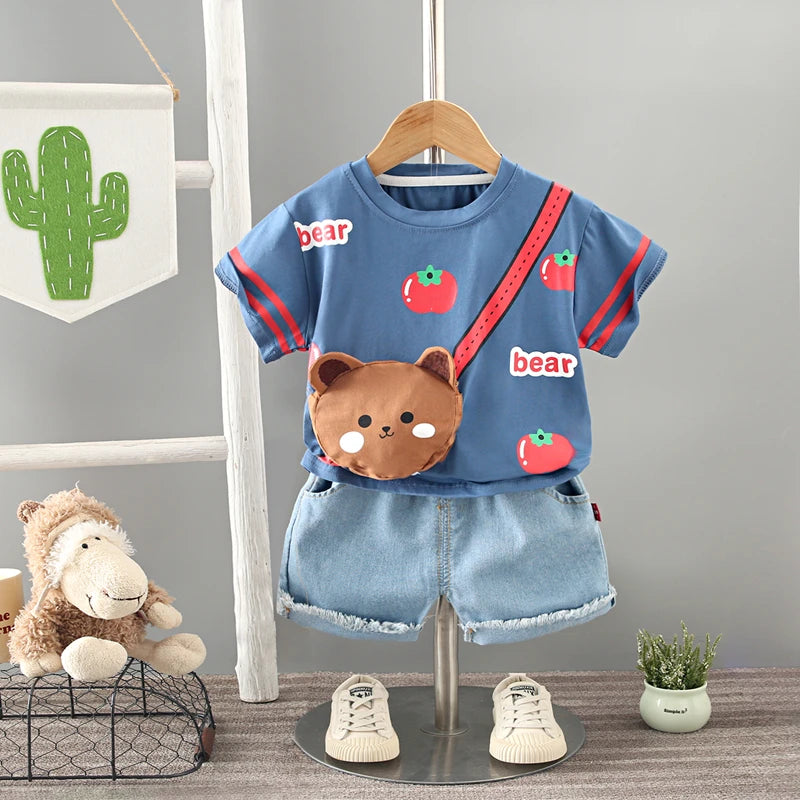 Title: Cartoon Bag Denim Shorts Set (Unisex)