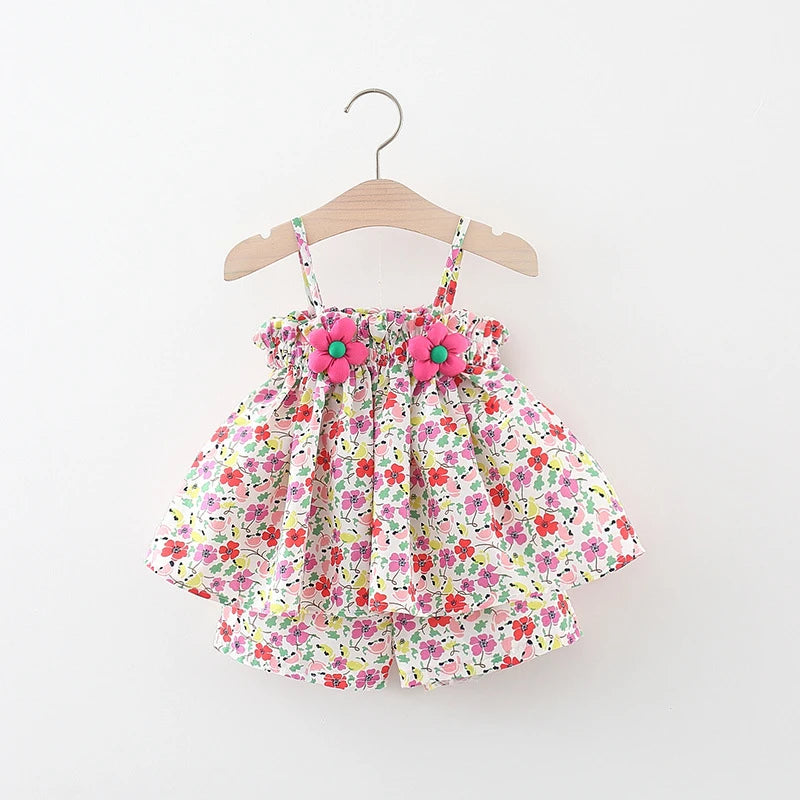 2Pcs Summer Girls Set – Floral Suspender Top & Shorts with Cool Chiffon (Korean Style)
