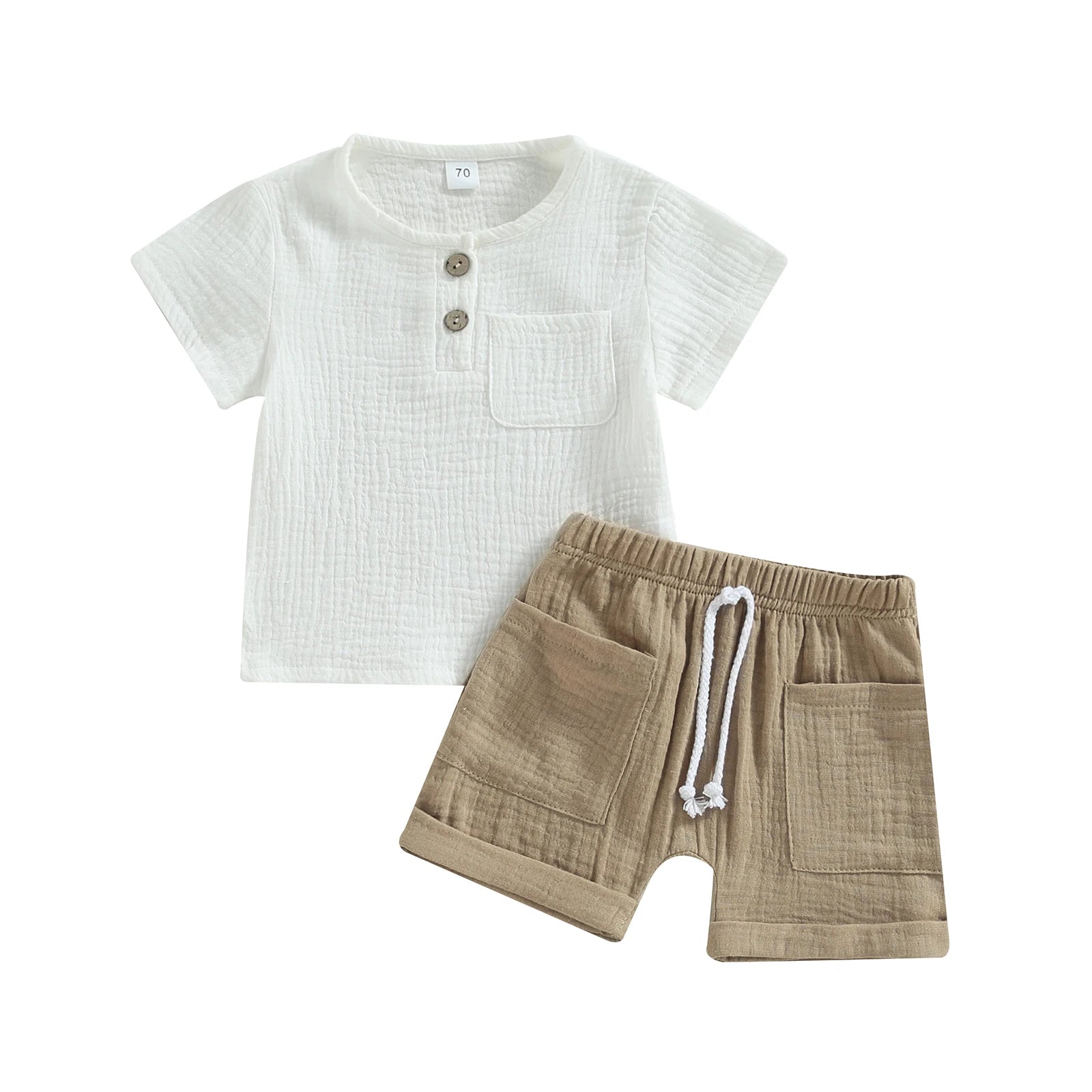 Short-Sleeve Button-Down Top with Pocket & Solid Color Shorts (0-3Y)