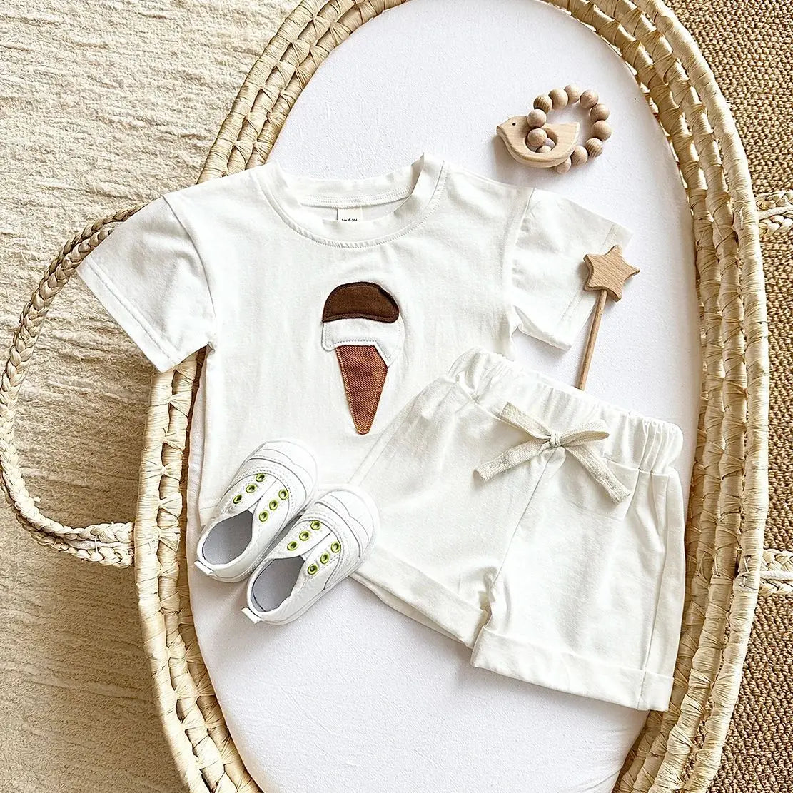 Baby Summer Outfit – 2-Piece Newborn Set, Ice Cream Print T-Shirt & Sports Shorts for Boys & Girls