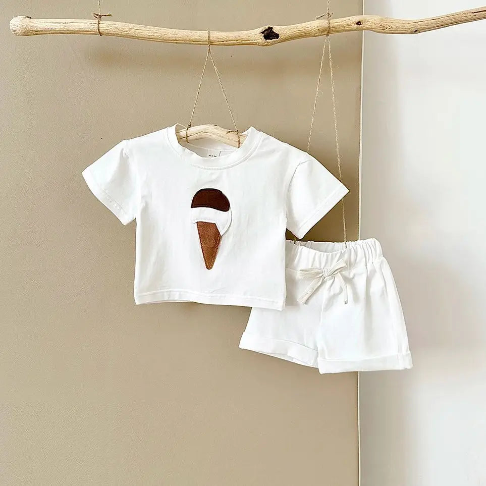 Baby Summer Outfit – 2-Piece Newborn Set, Ice Cream Print T-Shirt & Sports Shorts for Boys & Girls